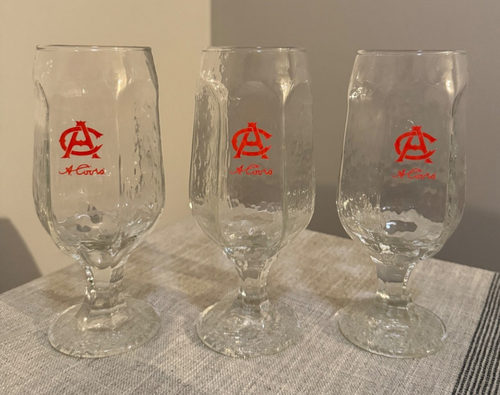 🍺 Vintage Adolph Coors Beer Glasses Set of 3 | Red AC Logo | Stemmed Barware